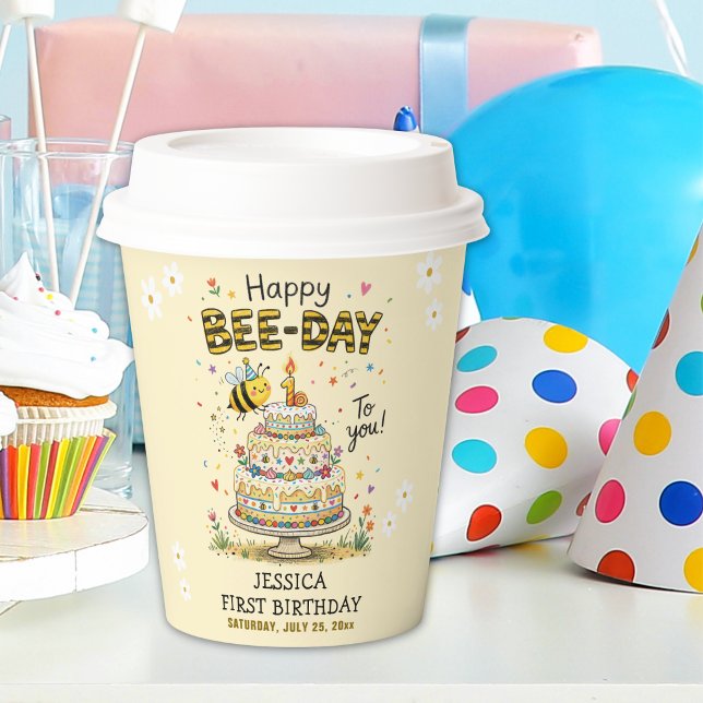 Gobelets En Papier Cute Bee Day Birthday | Bumble Bee First Birthday (Créateur téléchargé)