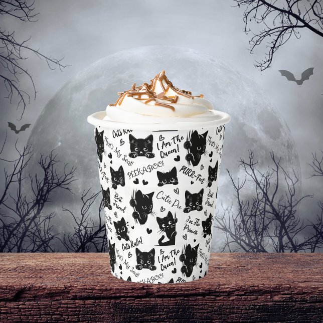Gobelets En Papier Cute Black Cats et Motif des paroles (Cute Black Cats and Sayings with Hearts Pattern  for Cat Lovers and Halloween Paper Cups)