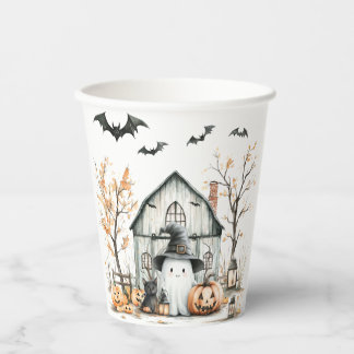 Gobelets En Papier Cute blanc et orange Fantôme avec grange d'automne