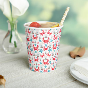 Gobelets En Papier Cute Blue Coastal Seaside Crab & Shell Motif
