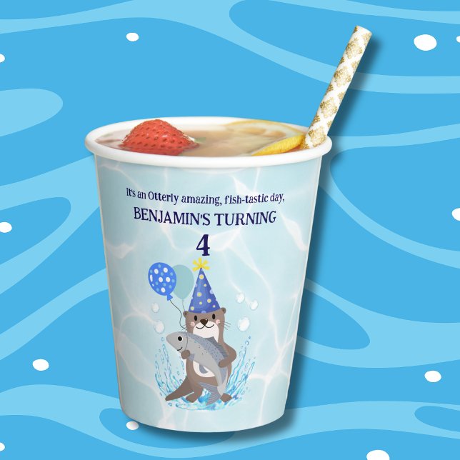 Gobelets En Papier Cute Blue Water Boy Sea Otter Fête d'anniversaire (Créateur téléchargé)