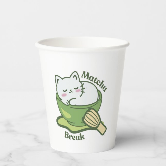 Gobelets En Papier  Cute cat with matcha drink (Recto)