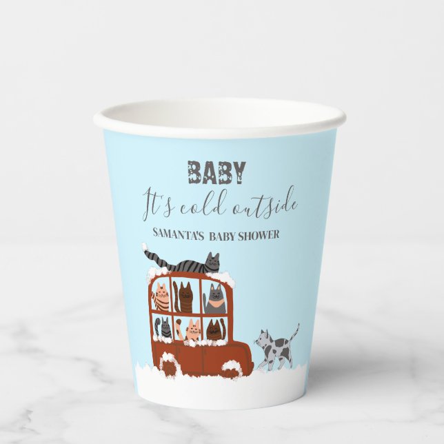 Gobelets En Papier Cute Cats in car Winter Cold Baby Shower (Recto)