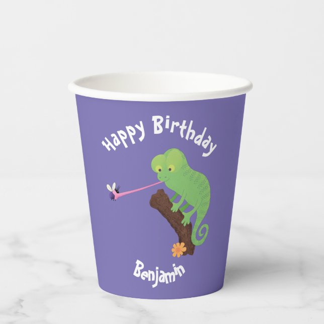 Gobelets En Papier Cute chameleon attraper un dessin animé (Recto)