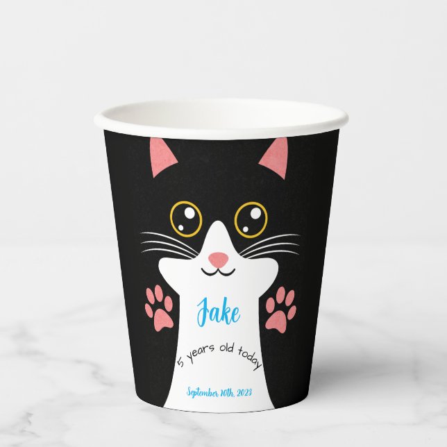 Gobelets En Papier Cute Chat Coupes d'Anniversaire. Texte modifiable. (Recto)