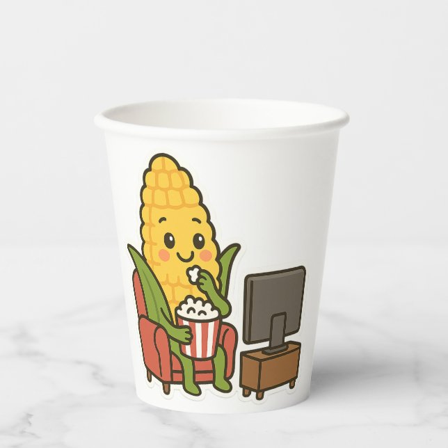 Gobelets En Papier Cute Corn Regarder TV avec Popcorn (Recto)