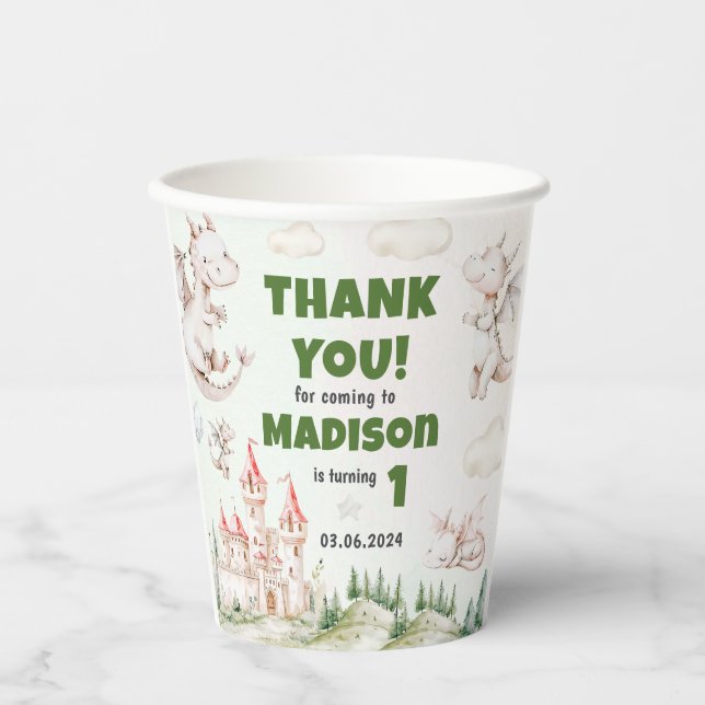 Gobelets En Papier Cute Dragon 1ère fête d'anniversaire (Recto)