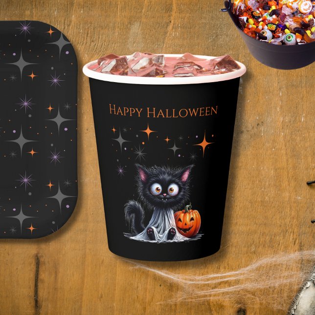 Gobelets En Papier Cute Drôle Fantôme Noir Kitten Halloween (Créateur téléchargé)