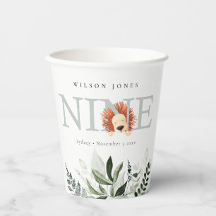 Gobelets En Papier Cute Dusky Blue Lion Foliage 9e Anniversaire