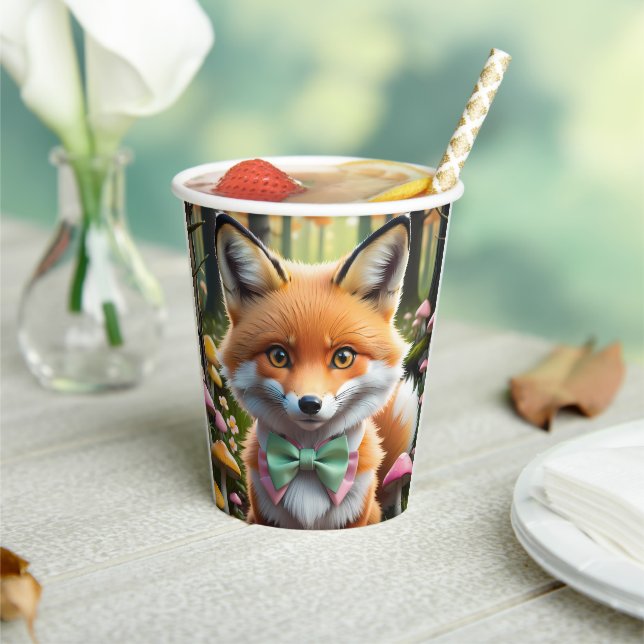 Gobelets En Papier Cute Fox avec arc vert et rose (Insitu)