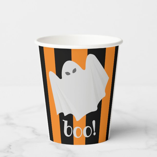 Gobelets En Papier Cute Ghost Halloween Orange et Black Stripes (Verso)