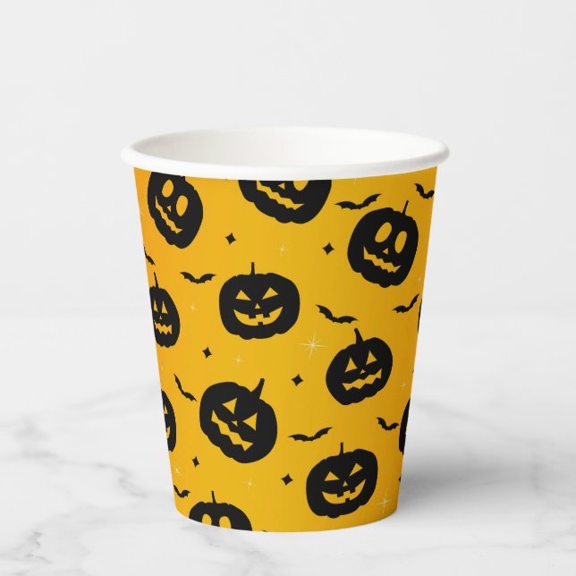 Gobelets En Papier Cute Halloween Citrouilles noirs et Motif chauves- (Recto)