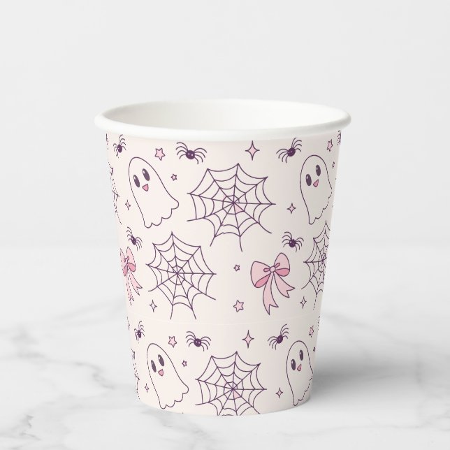 Gobelets En Papier Cute Halloween Ghost & Spiderweb Motif (Recto)