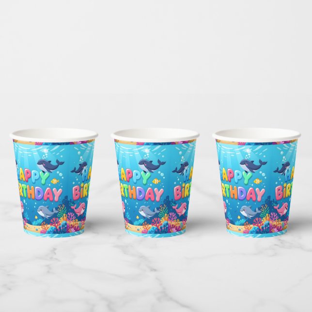 Gobelets En Papier Cute Happy Birthday nautical dolphin (Multi)