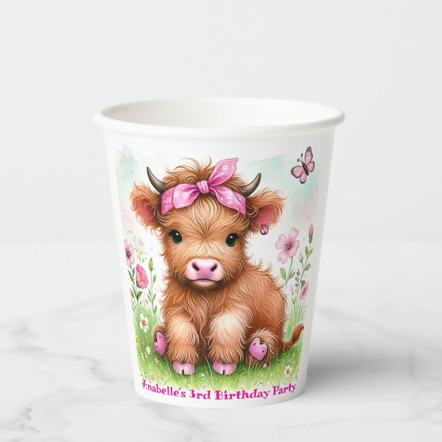 Gobelets En Papier Cute Highland Vache papillon Fille Anniversaire (Recto)