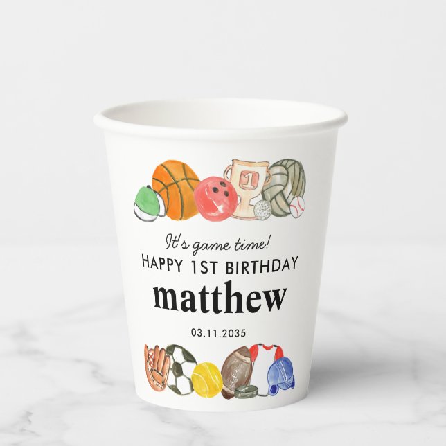 Gobelets En Papier Cute It's Game Time Sports Balls Anniversaire de e (Recto)