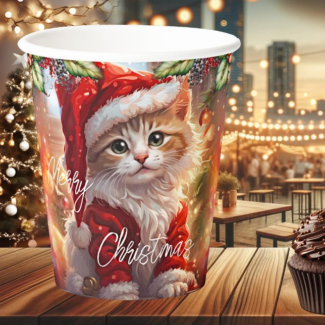 Gobelets En Papier Cute Kitten coloré Noël (Paper cup featuring a cute kitten in a festive Christmas outfit)