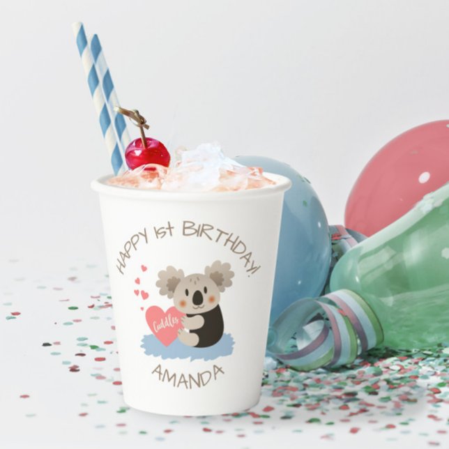 Gobelets En Papier Cute Koala Cuddles Anniversaire Numéro d'âge 386 (Créateur téléchargé)