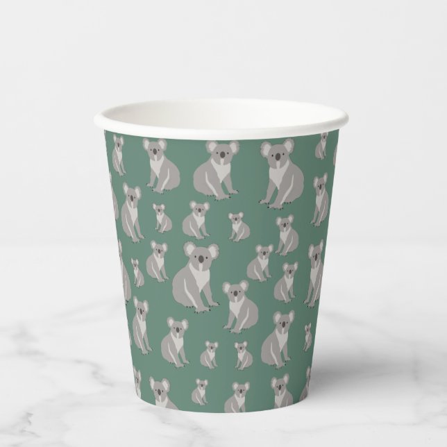 Gobelets En Papier Cute Koala Eucalyptus Motif vert (Recto)