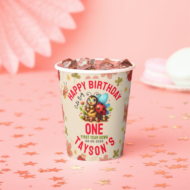Gobelets En Papier Cute Ladybug 1er anniversaire | Fête de thème de b (Insitu)