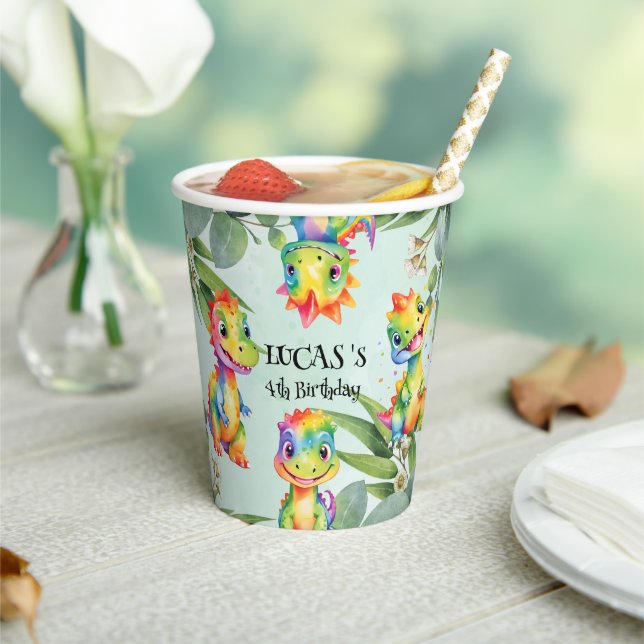 Gobelets En Papier Cute Magique Rainbow Dinosaur Bonne fête d'anniver (Insitu)