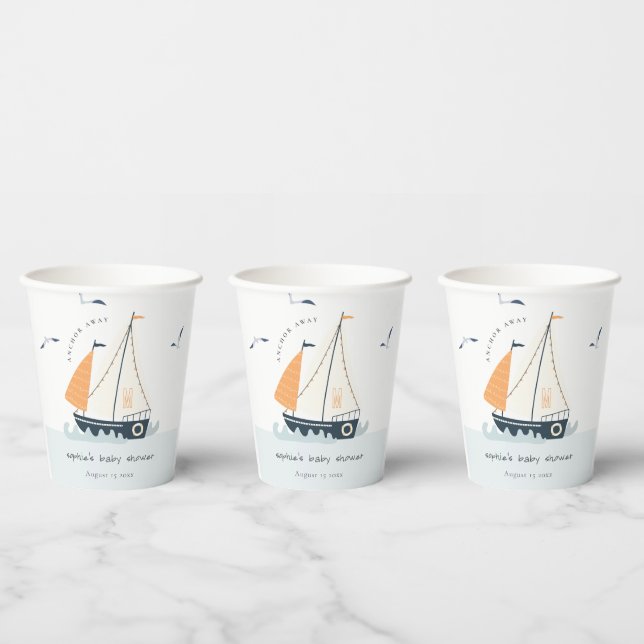 Gobelets En Papier Cute Nautical Blue Sailboat Baby shower Pastel (Multi)