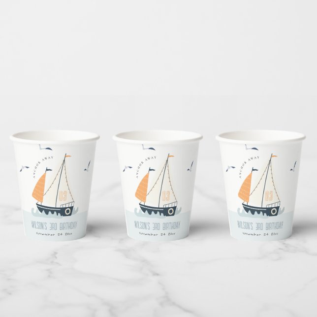 Gobelets En Papier Cute Nautical Blue Sailboat Pastel Anniversaire de (Multi)