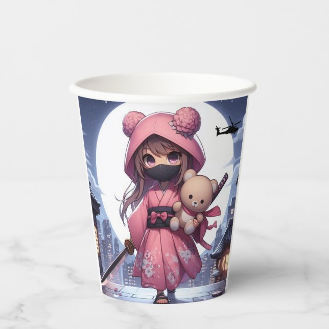 Gobelets En Papier Cute ninja guerrière fille & teddy (Recto)