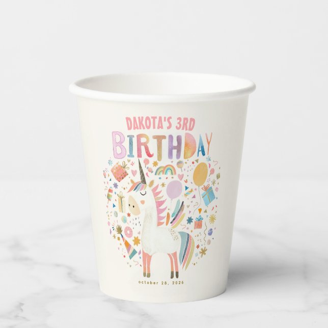 Gobelets En Papier Cute Pastel Unicorn Fête d'Anniversaire (Recto)