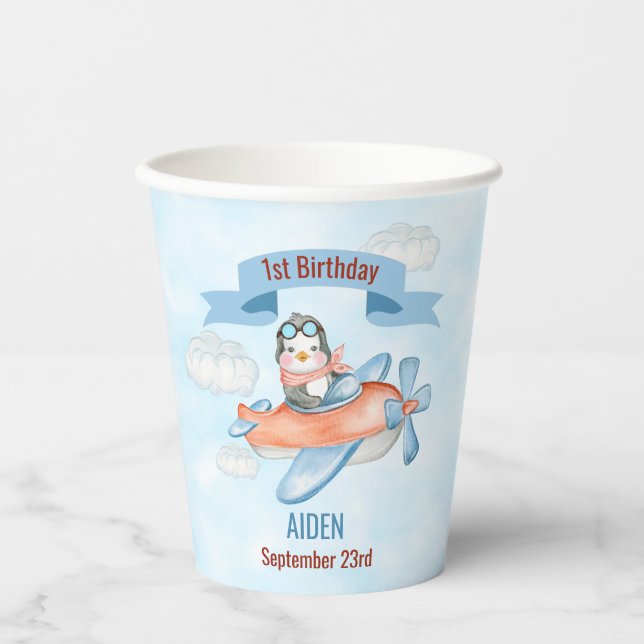 Gobelets En Papier Cute Penguin Avion Bleu 1er anniversaire (Recto)