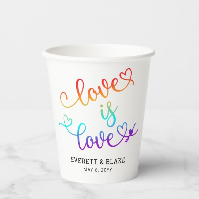 Gobelets En Papier Cute Rainbow Heart Script L'amour est Mariage d'am (Recto)