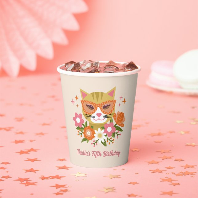 Gobelets En Papier Cute Retro Chat et Florals Filles Anniversaire (Insitu)