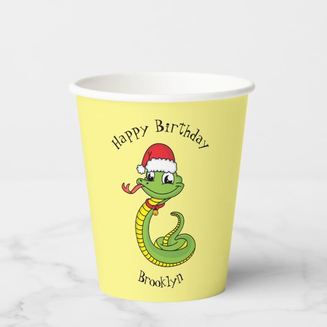 Gobelets En Papier Cute serpent vert avec chapeau santa dessin animé (Recto)