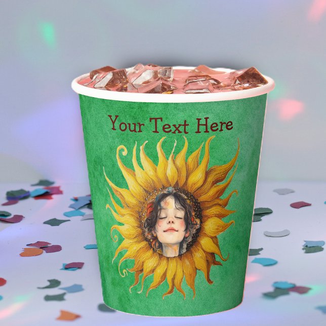 Gobelets En Papier Cute Smiling Girl in Yellow Sunflower on Greens (Face of peaceful girl in big yellow sunflower on green paper party drinking cups.)