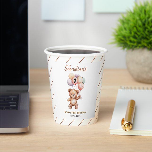 Gobelets En Papier Cute Teddy Bear 1er Anniversaire | Douce Ourse  (Insitu)