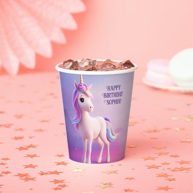 Gobelets En Papier Cute Unicorne Blanche Avec Rose & Bleu Mane (Insitu)