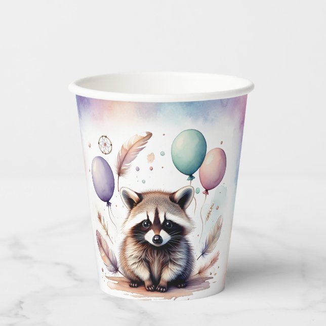 Gobelets En Papier Cute Watercolor Baby Raccoon Balloons Birthday  (Recto)