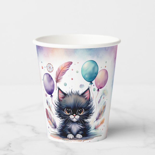 Gobelets En Papier Cute Watercolor Black Kitten Balloons Birthday  (Recto)