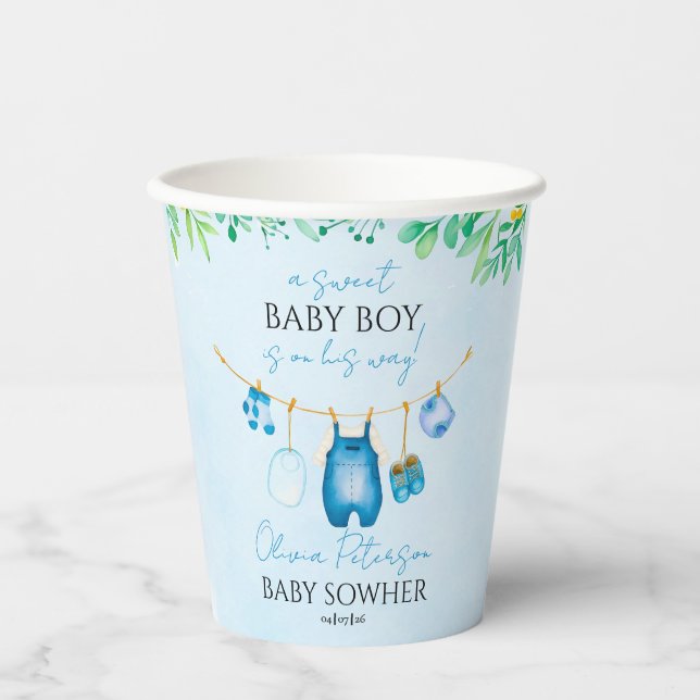 Gobelets En Papier Cute Watercolor Blue Baby Shower Boy (Recto)