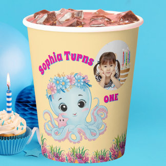 Gobelets En Papier Cute Whimsical Floral Octopus Girl Photo Anniversa