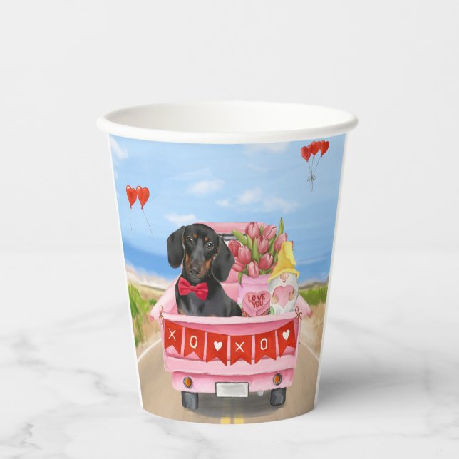 Gobelets En Papier Dachshund Chien Saint-Valentin Coeurs de Camion (Recto)