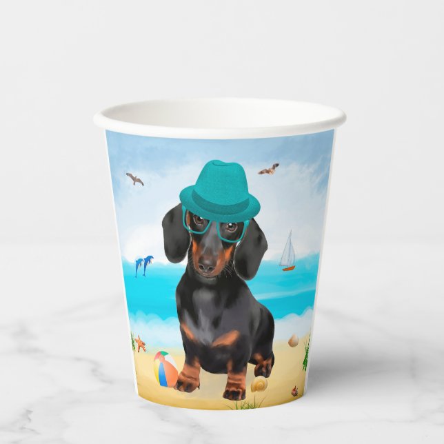 Gobelets En Papier Dachshund sur la plage (Recto)