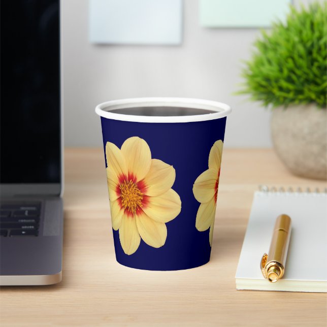 Gobelets En Papier Dahlia jaune motif floral sur bleu (Insitu)