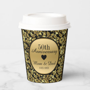 Gobelets En Papier Damas Noir & Or - 50e Anniversaire Mariage Pape
