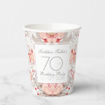 Gobelets En Papier Damask Floral 70th Birthday Party Paper Cup<br><div class="desc">Superbe vintage damassé motif floral sur arrière - plan pâle. Coupe de papier de 70e anniversaire sophistiquée et féminine avec des formes carrés blanches et transparentes pour les textes. Vous pouvez facilement modifier le texte (police, couleur, taille et position) en cliquant sur le bouton personnaliser. Objets d'anniversaire correspondants : serviette...</div>