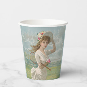 Gobelets En Papier Dame de tennis victorienne avec chapeau à fleurs A