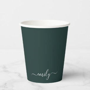 Gobelets En Papier Dark Green Modern Script Nom du monogramme