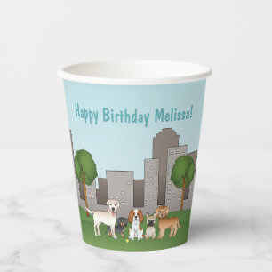 Gobelets En Papier De Bons Chiens En Dessin Dans Un Parc Joyeux Anniv