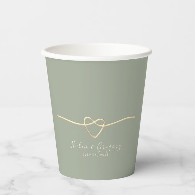 Gobelets en papier de mariage vert sauge et or (Recto)