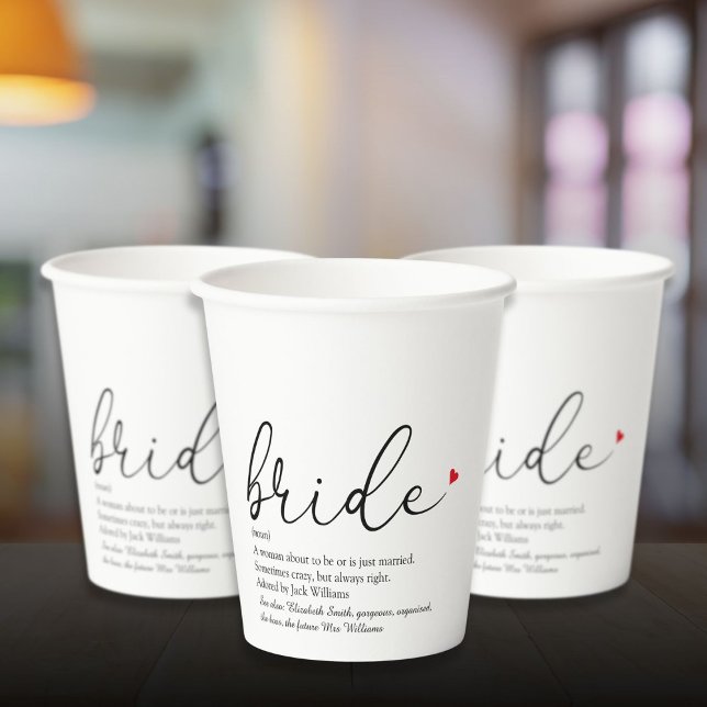 Gobelets En Papier Définition de la mariée  Texte de la fête prénupti (Bride Definition Bridal Shower Script Modern Paper Cups)